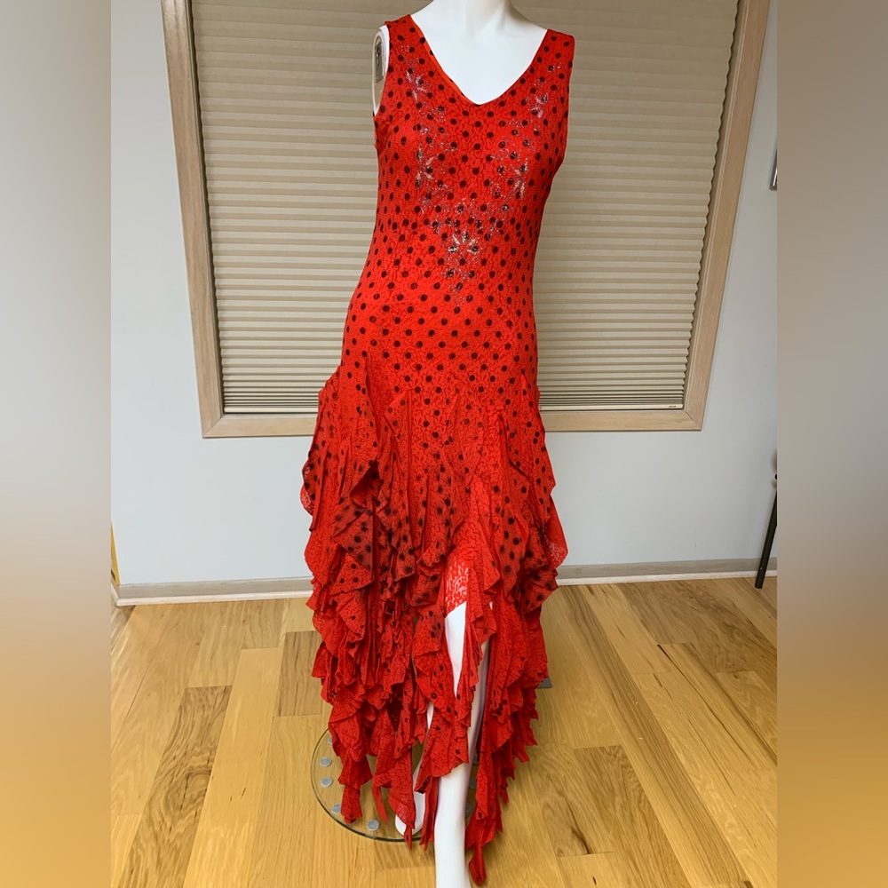 Size M Red with black polka dots tiered ruffles flamenco,salsa,tango party dress
